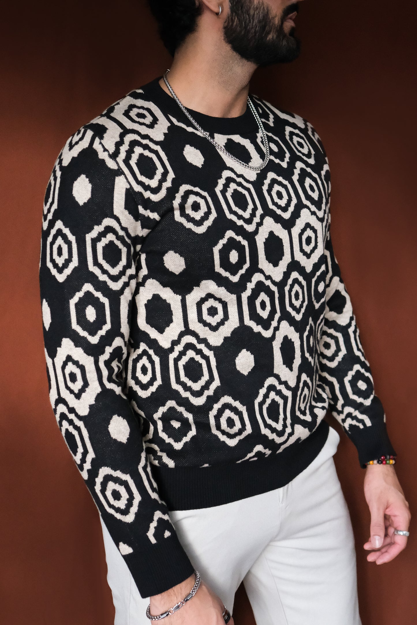 Black Mosiac Digitally Knitted Crewneck