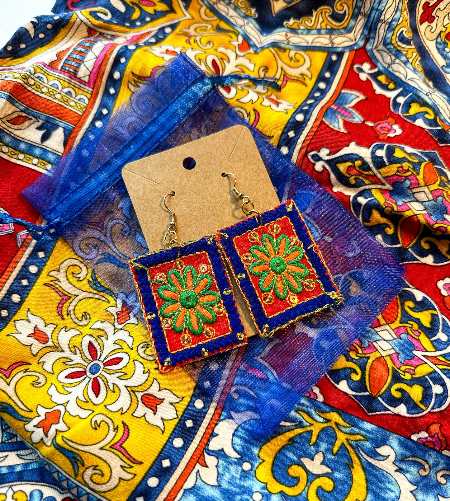 Orange Embroidered Earrings