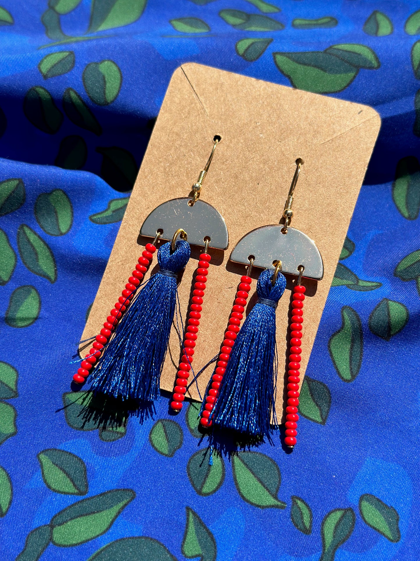 Red Beaded Blue Tassle Earrings