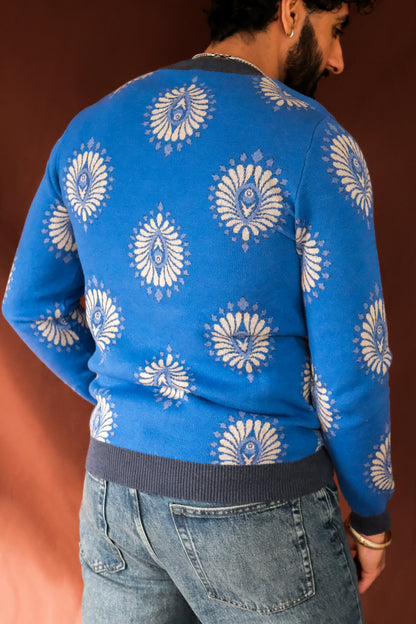Blue Leaf Knitted Crewneck Sweater