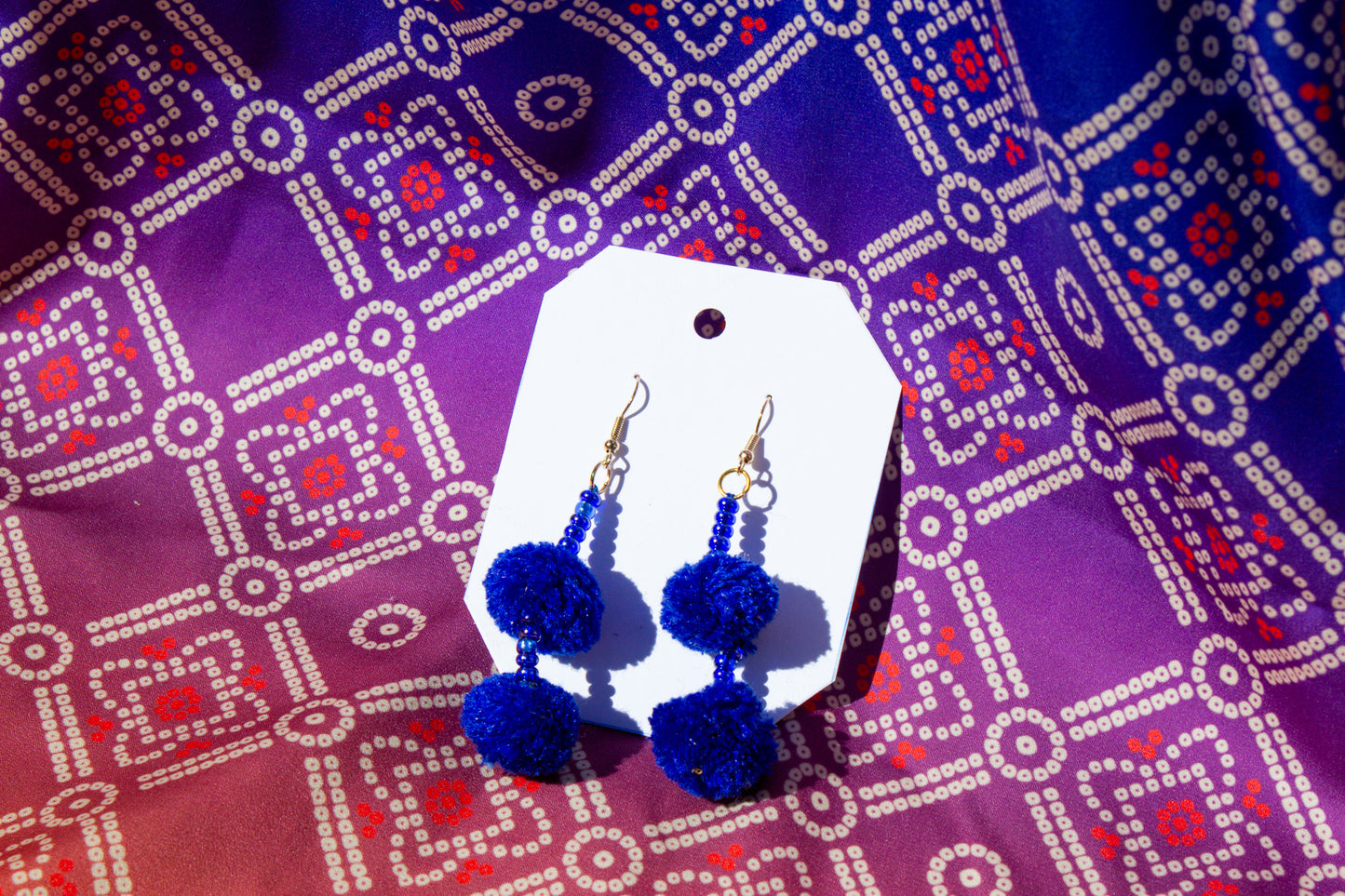 Blue Beaded PomPom Earrings