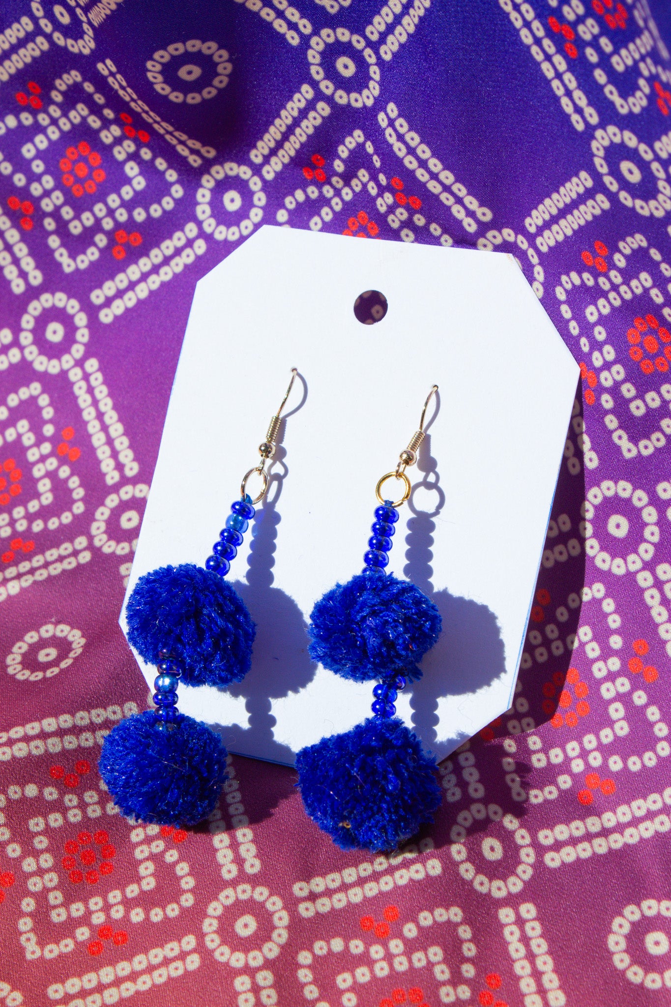 Blue Beaded PomPom Earrings