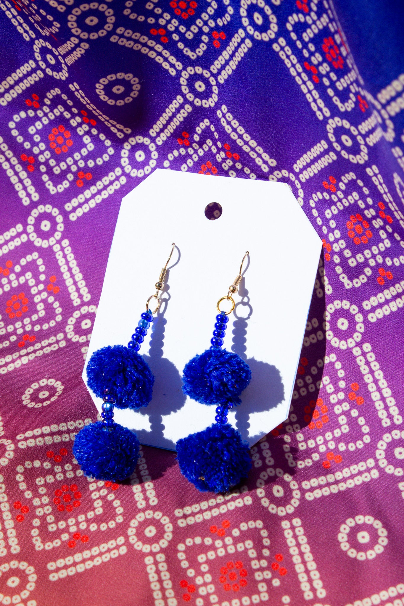 Blue Beaded PomPom Earrings