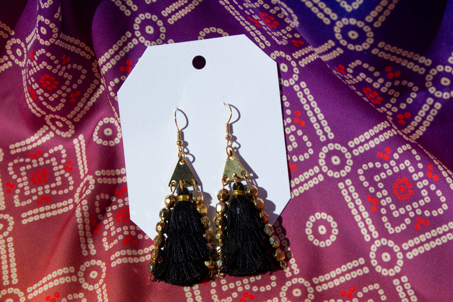 Gold Beaded Black Tassle Earrings