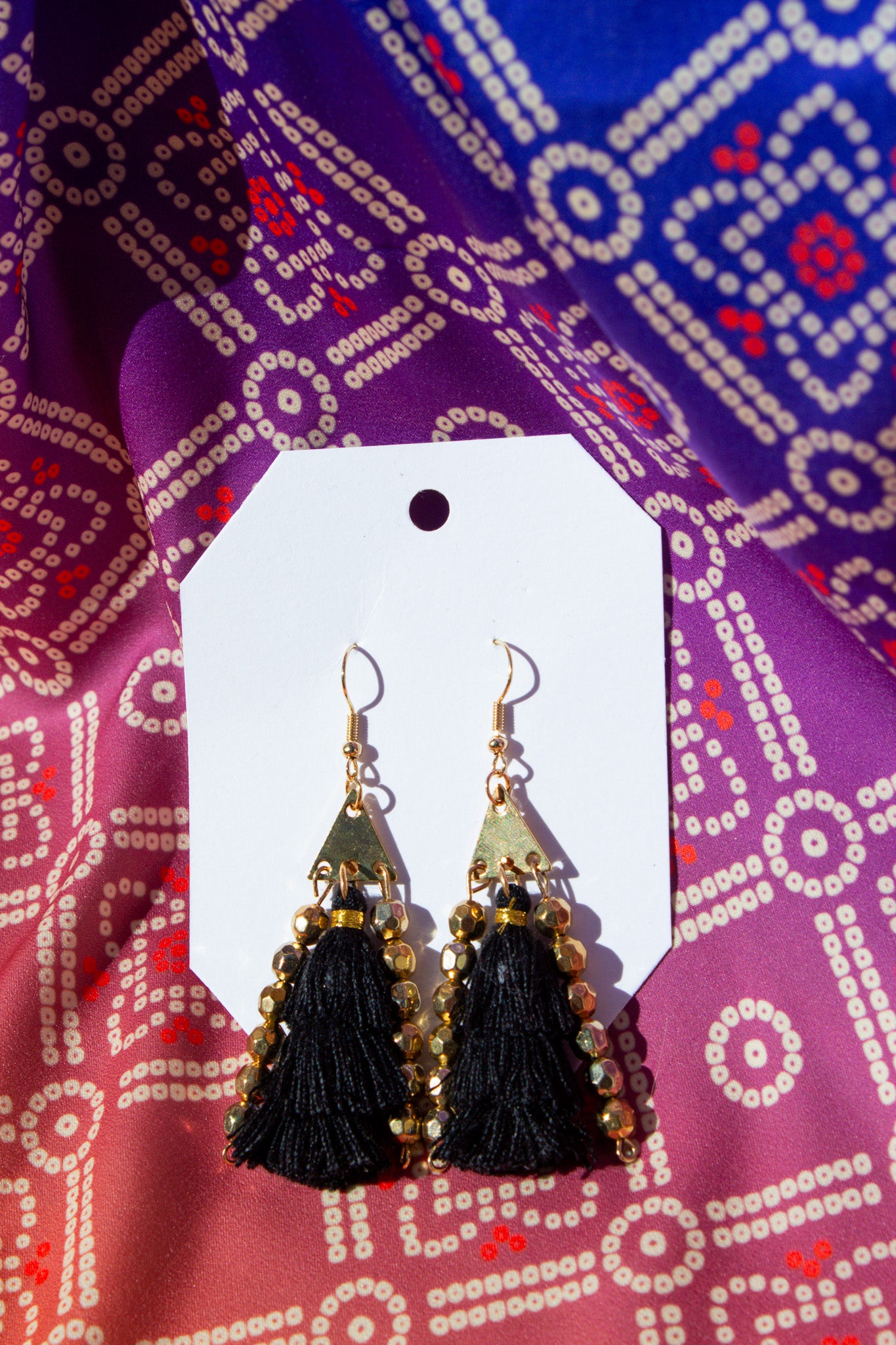 Gold Beaded Black Tassle Earrings