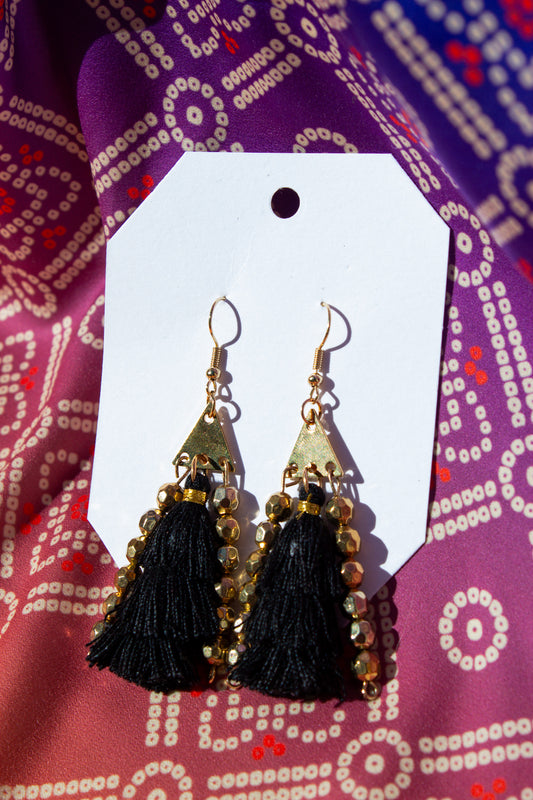 Gold Beaded Black Tassle Earrings