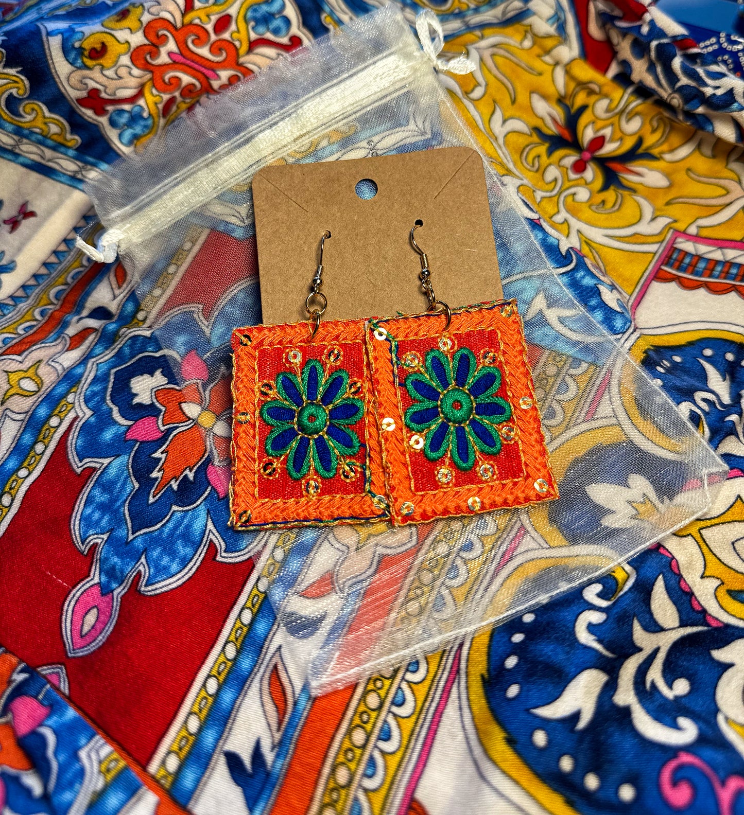 Orange Multi Embroidered Rectangle Earrings