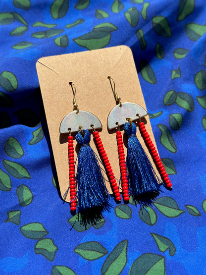 Red Beaded Blue Tassle Earrings