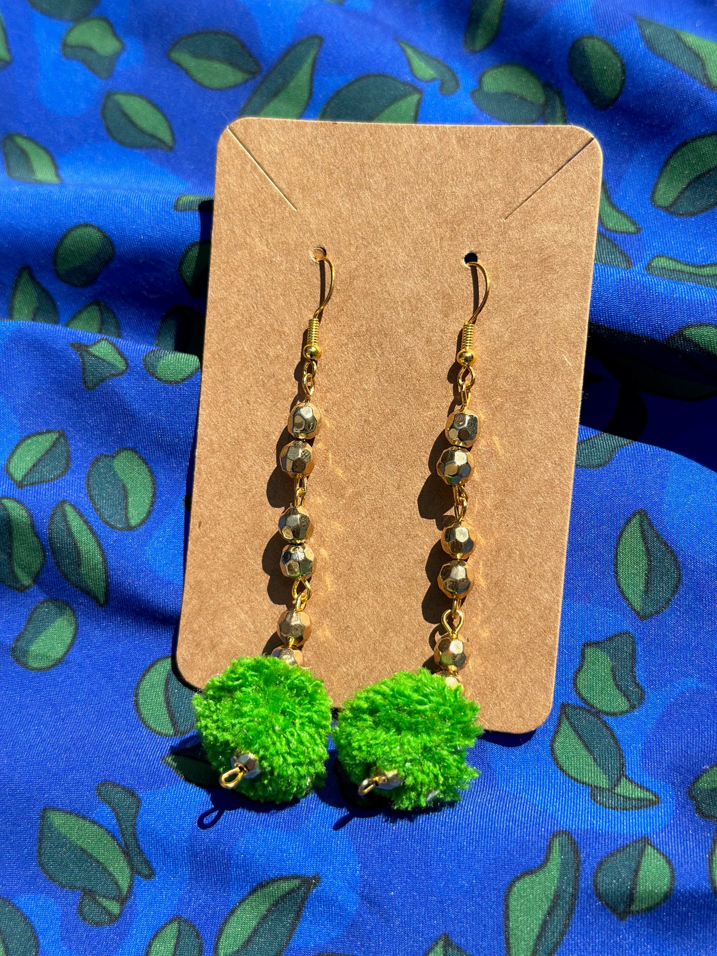 Green Pom Pom Beaded Earrings