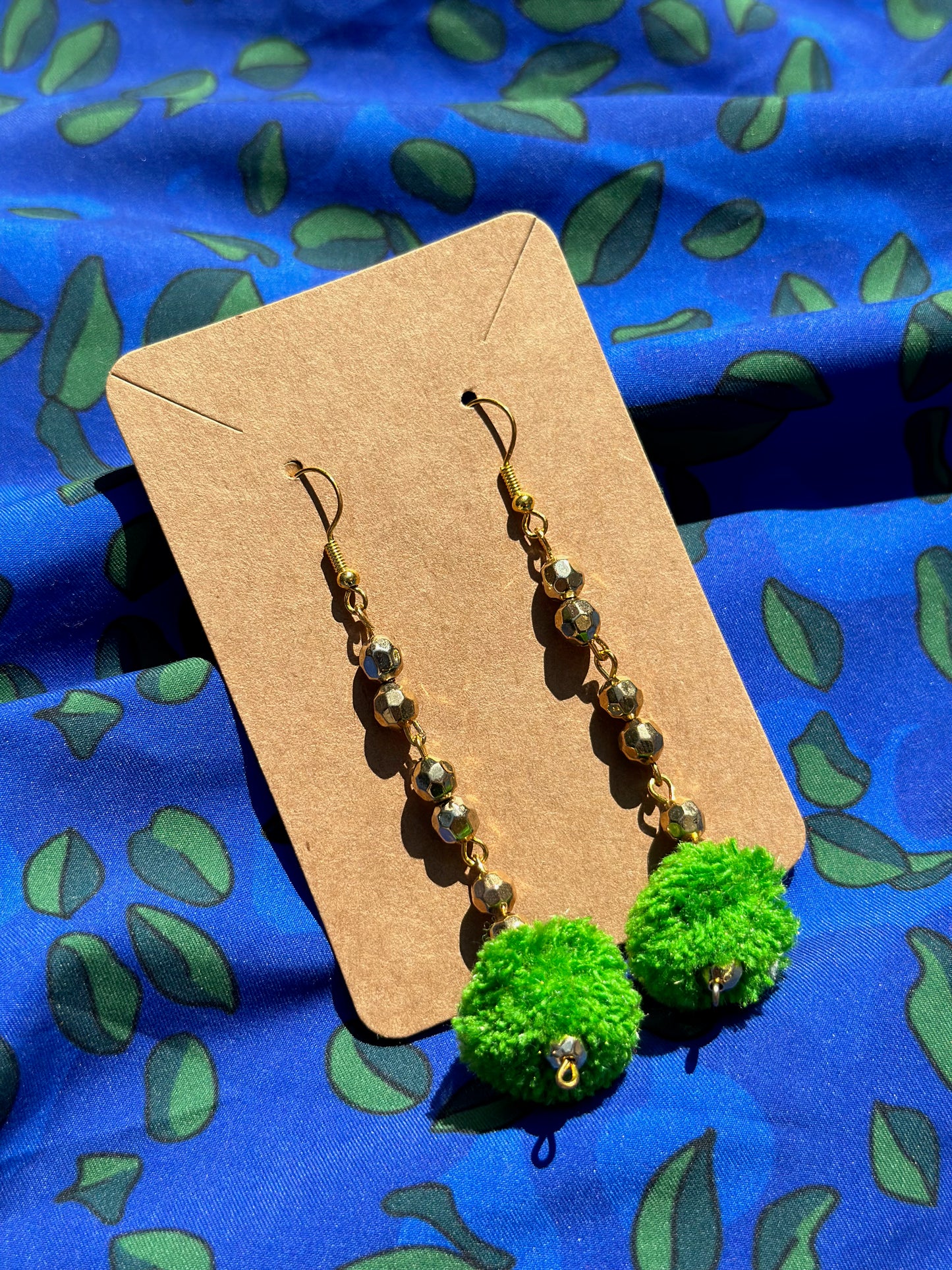 Green Pom Pom Beaded Earrings