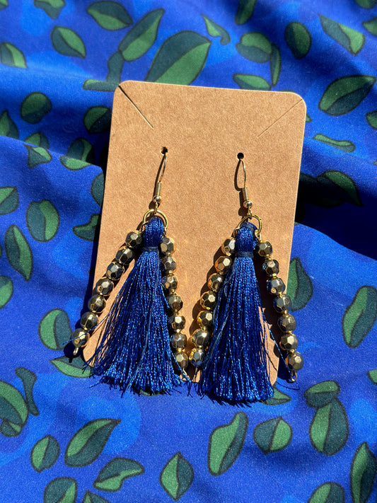 Gold Beaded Blue Tassle Earrings