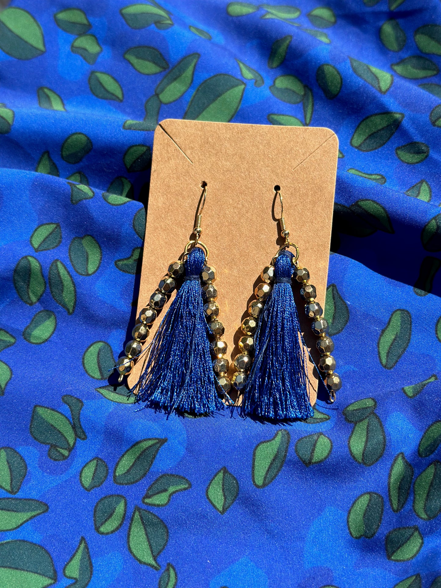 Gold Beaded Blue Tassle Earrings