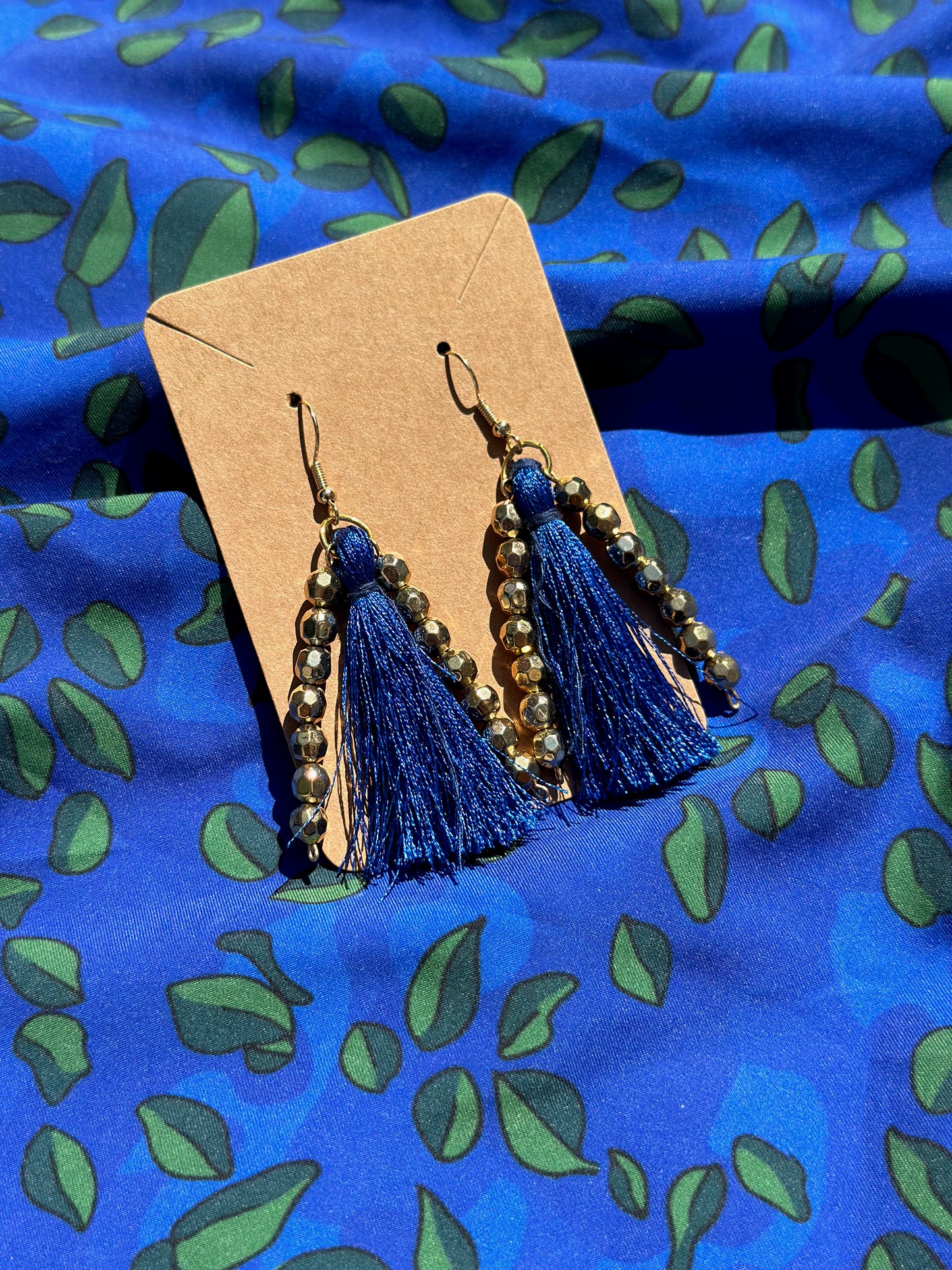 Gold Beaded Blue Tassle Earrings