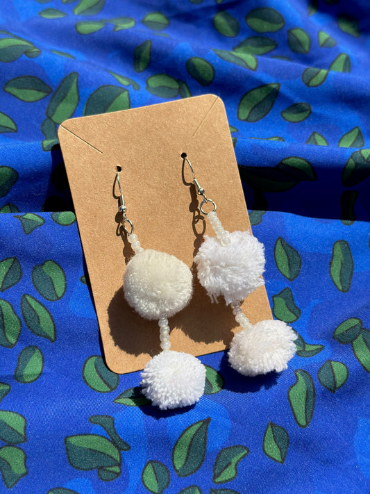 White Beaded PomPom Earrings