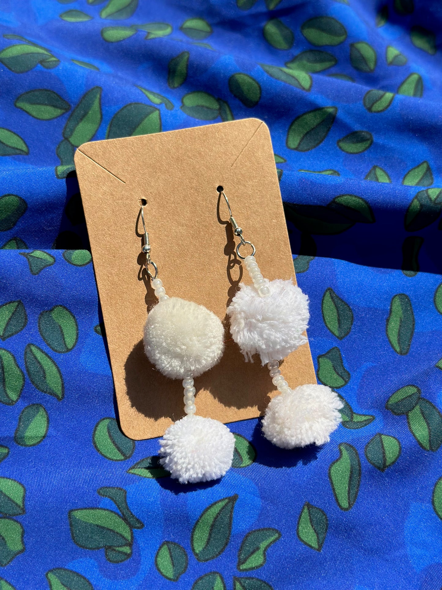 White Beaded PomPom Earrings