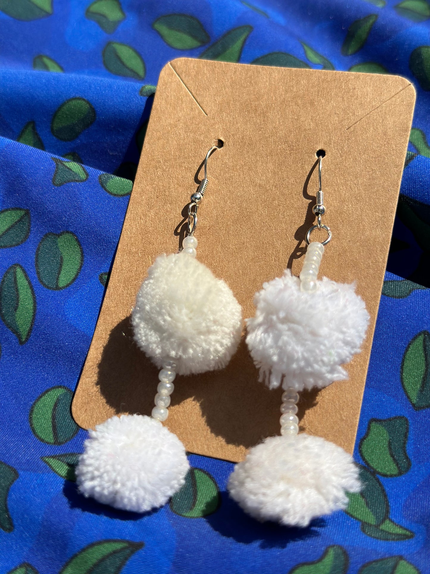 White Beaded PomPom Earrings