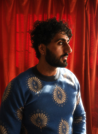 Blue Leaf Knitted Crewneck Sweater