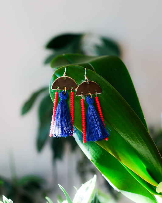 Red Beaded Blue Tassle Earrings