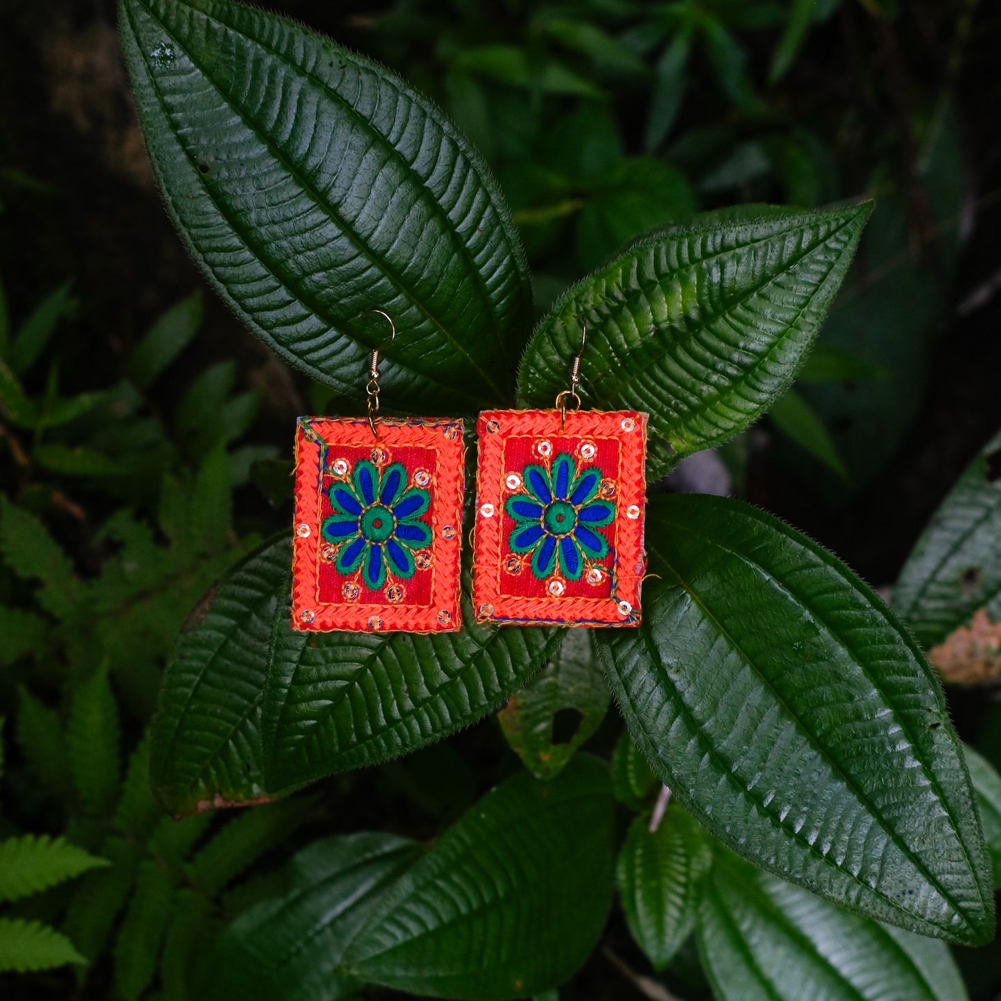 Orange Multi Embroidered Rectangle Earrings